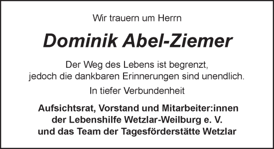 Traueranzeige von Dominik Abel-Ziemer von Weilburger Tageblatt