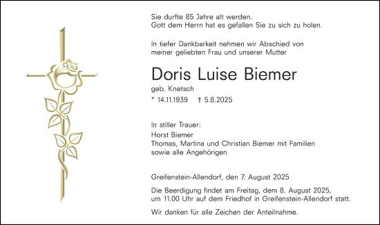 Traueranzeige von Doris Luise Biemer von Wetzlarer Neue Zeitung