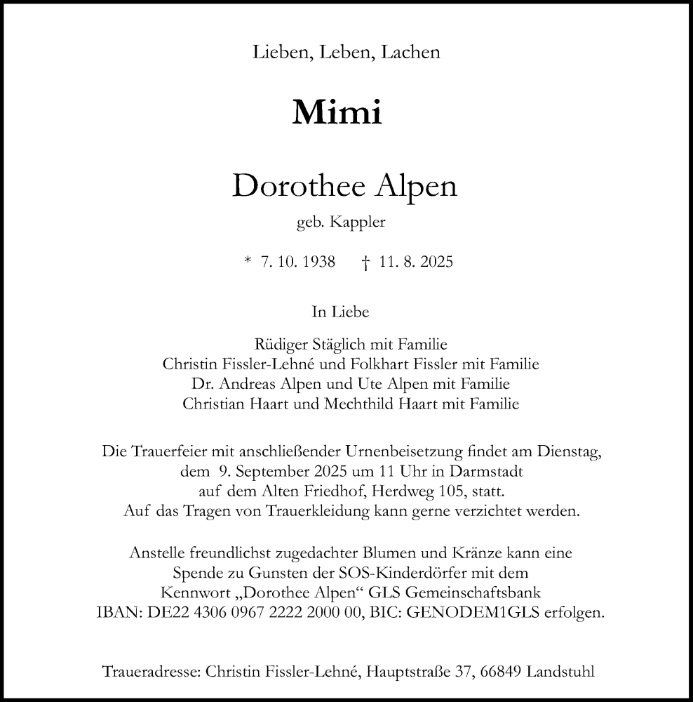  Traueranzeige für Dorothee Alpen vom 23.08.2025 aus Darmstädter Echo