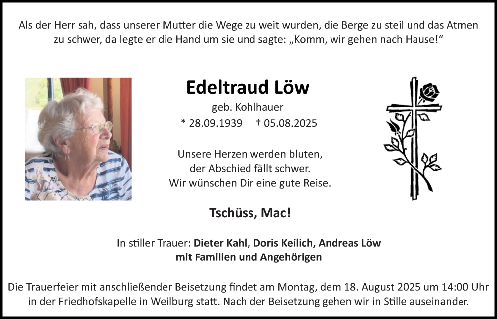  Traueranzeige für Edeltraud Löw vom 09.08.2025 aus Weilburger Tageblatt
