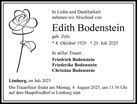 Traueranzeige von Edith Bodenstein von Nassauische Neue Presse