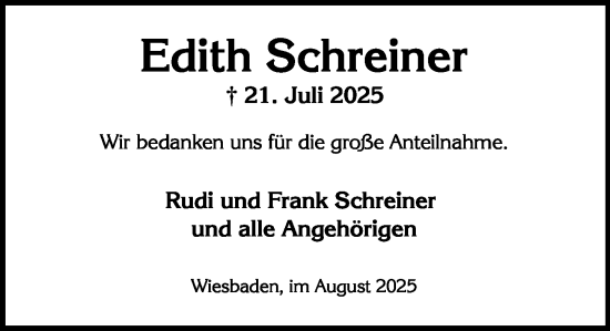Traueranzeige von Edith Schreiner von Wiesbadener Kurier