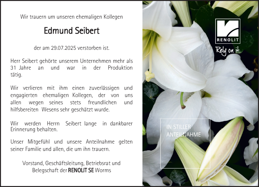  Traueranzeige für Edmund Seibert vom 16.08.2025 aus Wormser Zeitung