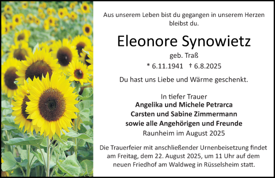 Traueranzeige von Eleonore Synowietz von Rüsselsheimer Echo