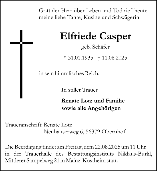 Traueranzeige von Elfriede Casper von Allgemeine Zeitung Mainz