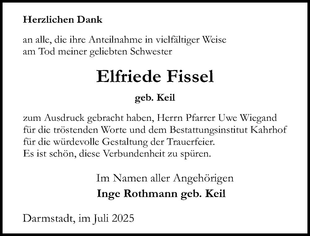  Traueranzeige für Elfriede Fissel vom 02.08.2025 aus Darmstädter Echo