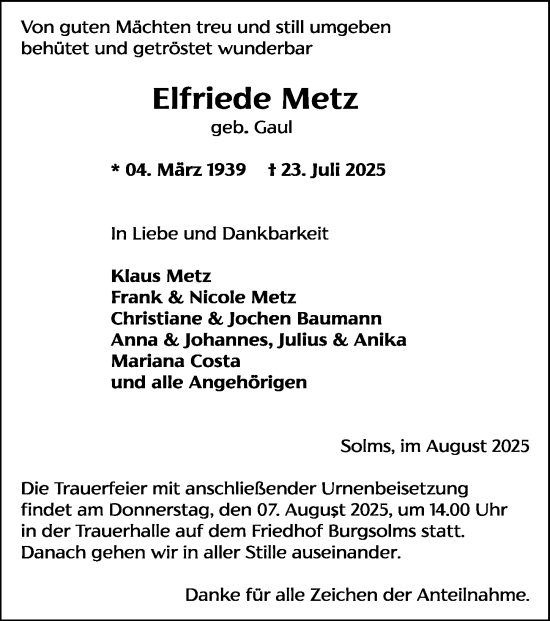 Traueranzeige von Elfriede Metz von Wetzlarer Neue Zeitung
