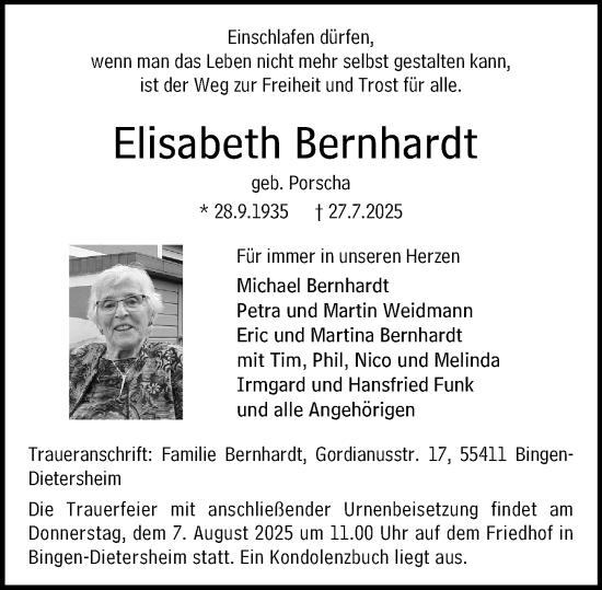 Traueranzeige von Elisabeth Bernhardt von Allgemeine Zeitung Rheinhessen-Nahe