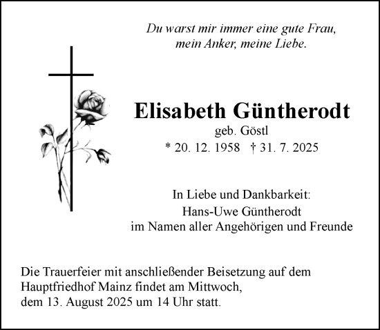 Traueranzeige von Elisabeth Güntherodt von Allgemeine Zeitung Mainz