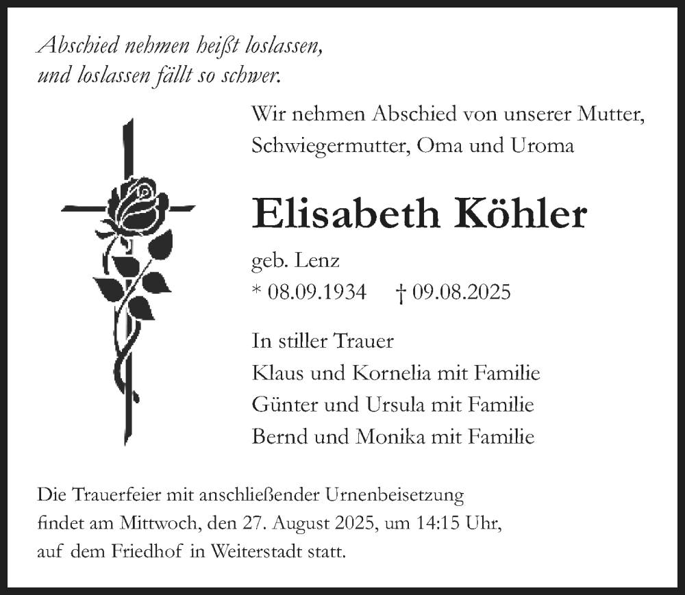  Traueranzeige für Elisabeth Köhler vom 23.08.2025 aus Darmstädter Echo