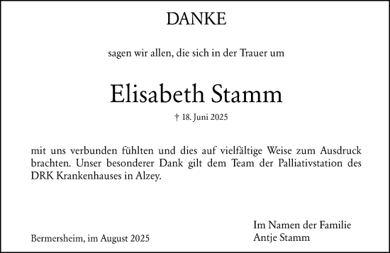 Traueranzeige von Elisabeth Stamm von Allgemeine Zeitung Alzey
