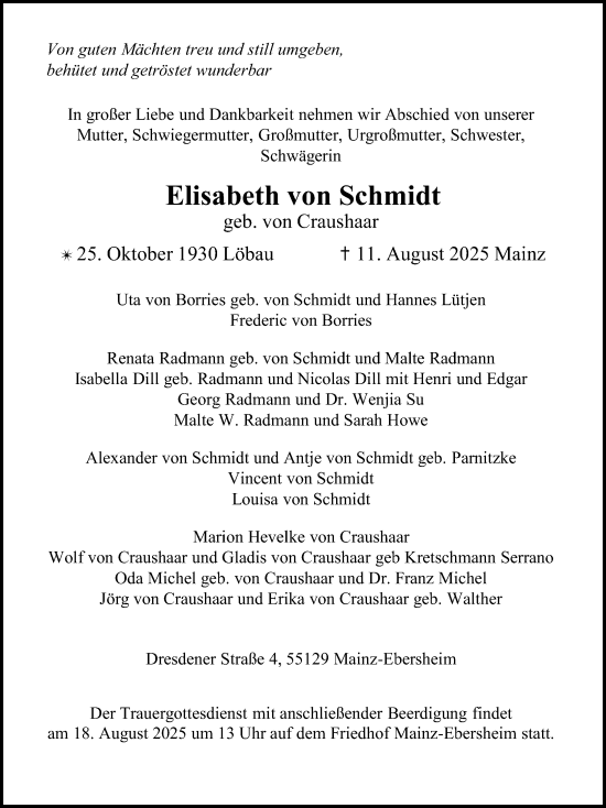 Traueranzeige von Elisabeth von Schmidt von Allgemeine Zeitung Mainz