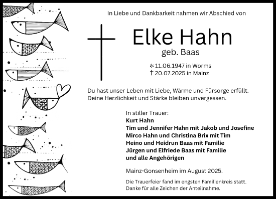 Traueranzeige von Elke Hahn von Wormser Zeitung