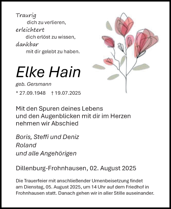 Traueranzeige von Elke Hain von Dill Block