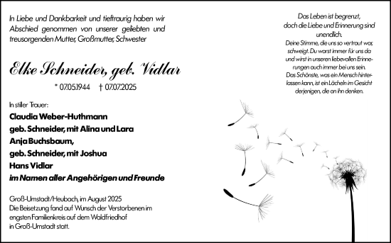 Traueranzeige von Elke Schneider von Darmstädter Echo