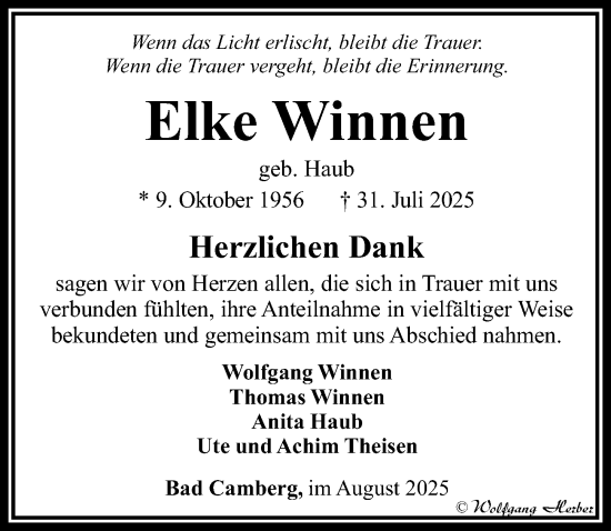 Traueranzeige von Elke Winnen von Camberger Anzeiger