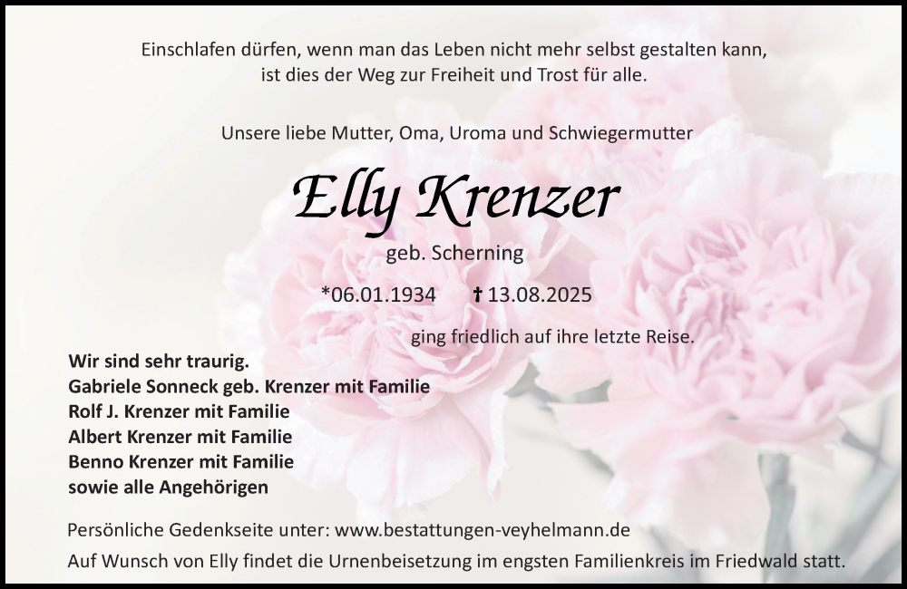  Traueranzeige für Elly Krenzer vom 16.08.2025 aus Allgemeine Zeitung Mainz