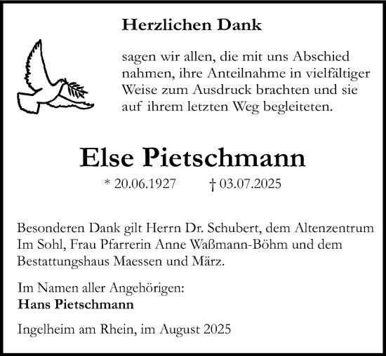 Traueranzeige von Else Pietschmann von Allgemeine Zeitung Rheinhessen-Nahe