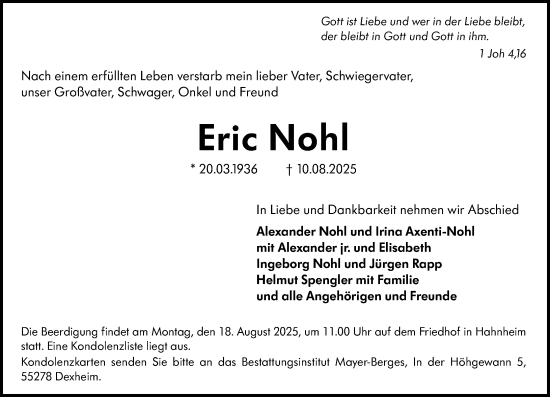 Traueranzeige von Eric Nohl von Allgemeine Zeitung Mainz
