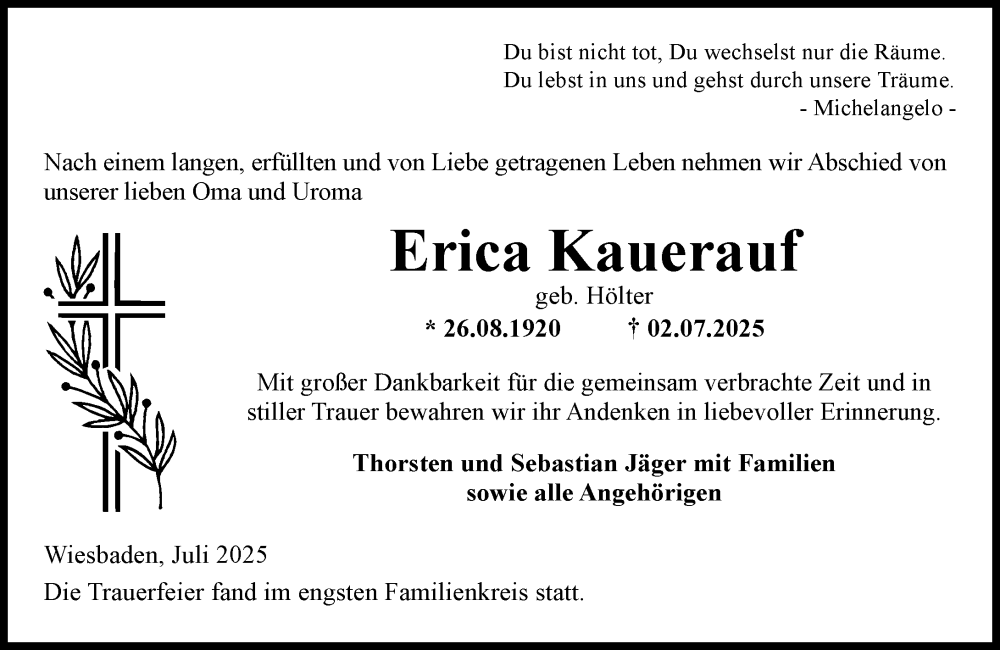  Traueranzeige für Erica Kauerauf vom 02.08.2025 aus Wiesbadener Kurier