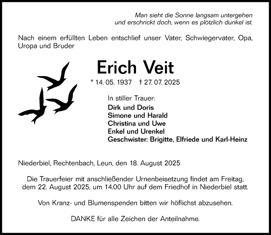 Traueranzeige von Erich Veit von Wetzlarer Neue Zeitung