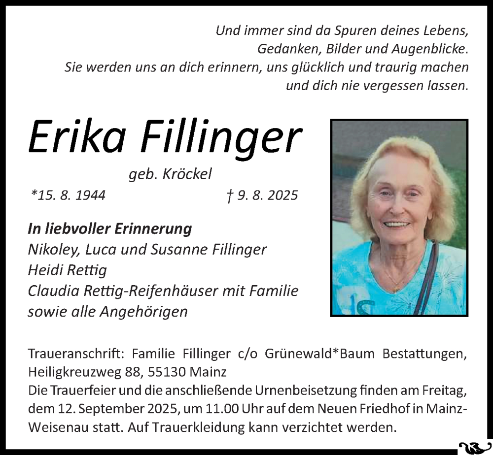  Traueranzeige für Erika Fillinger vom 23.08.2025 aus Allgemeine Zeitung Mainz