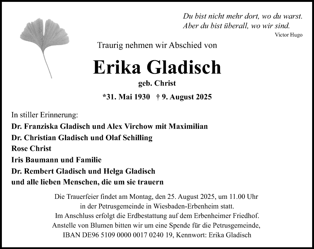  Traueranzeige für Erika Gladisch vom 16.08.2025 aus Wiesbadener Kurier