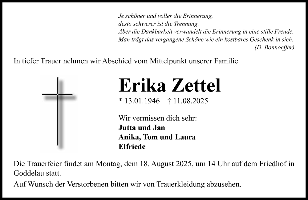  Traueranzeige für Erika Zettel vom 16.08.2025 aus Groß-Gerauer Echo