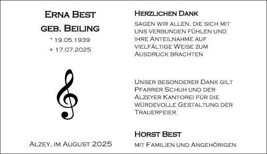 Traueranzeige von Erna Best von Allgemeine Zeitung Alzey
