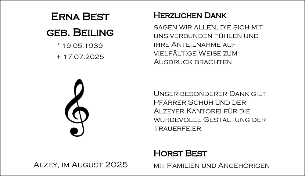  Traueranzeige für Erna Best vom 16.08.2025 aus Allgemeine Zeitung Alzey