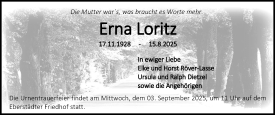 Traueranzeige von Erna Loritz von Darmstädter Echo