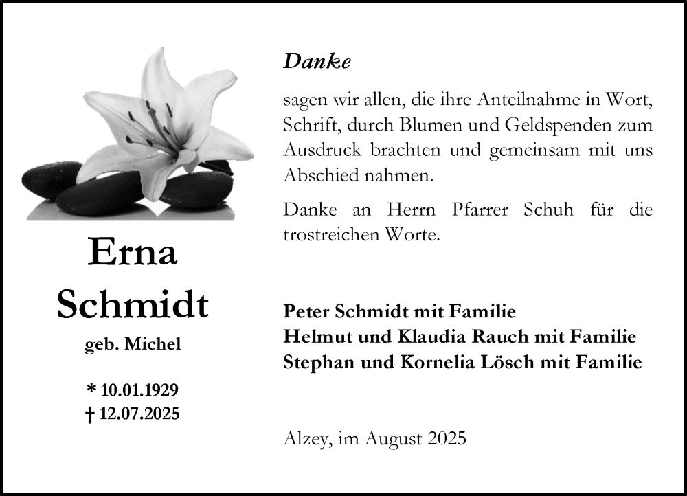  Traueranzeige für Erna Schmidt vom 16.08.2025 aus Allgemeine Zeitung Alzey