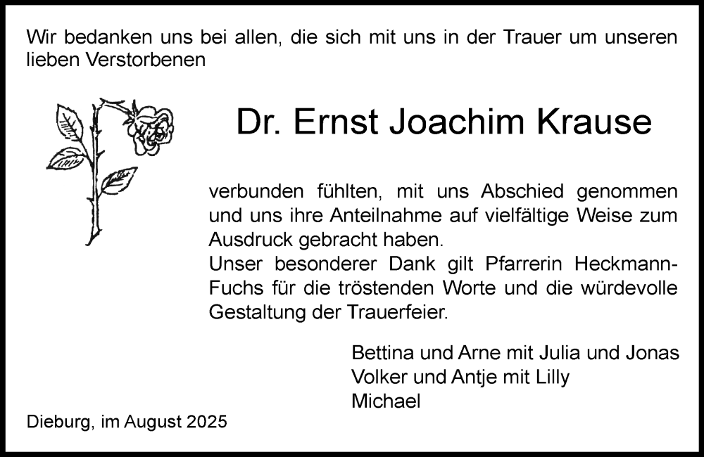 Traueranzeige für Ernst Joachim Krause vom 23.08.2025 aus Dieburger Anzeiger/Groß-Zimmerner Lokal-Anzeiger