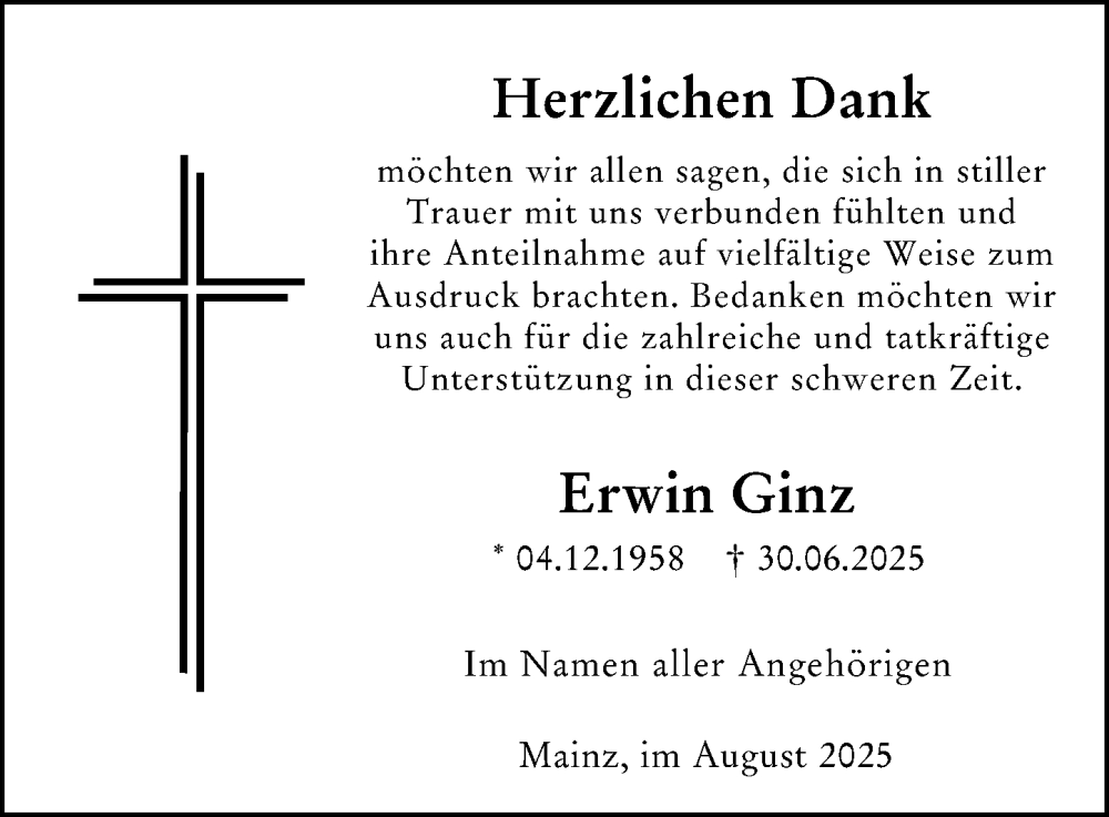  Traueranzeige für Erwin Ginz vom 02.08.2025 aus Allgemeine Zeitung Mainz