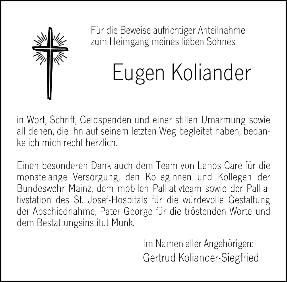  Traueranzeige für Eugen Koliander vom 15.08.2025 aus Hochheimer Zeitung