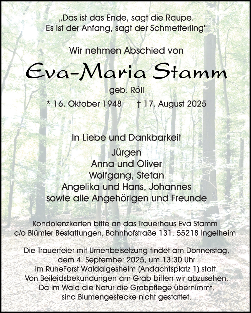  Traueranzeige für Eva-Maria Stamm vom 23.08.2025 aus Allgemeine Zeitung Rheinhessen-Nahe