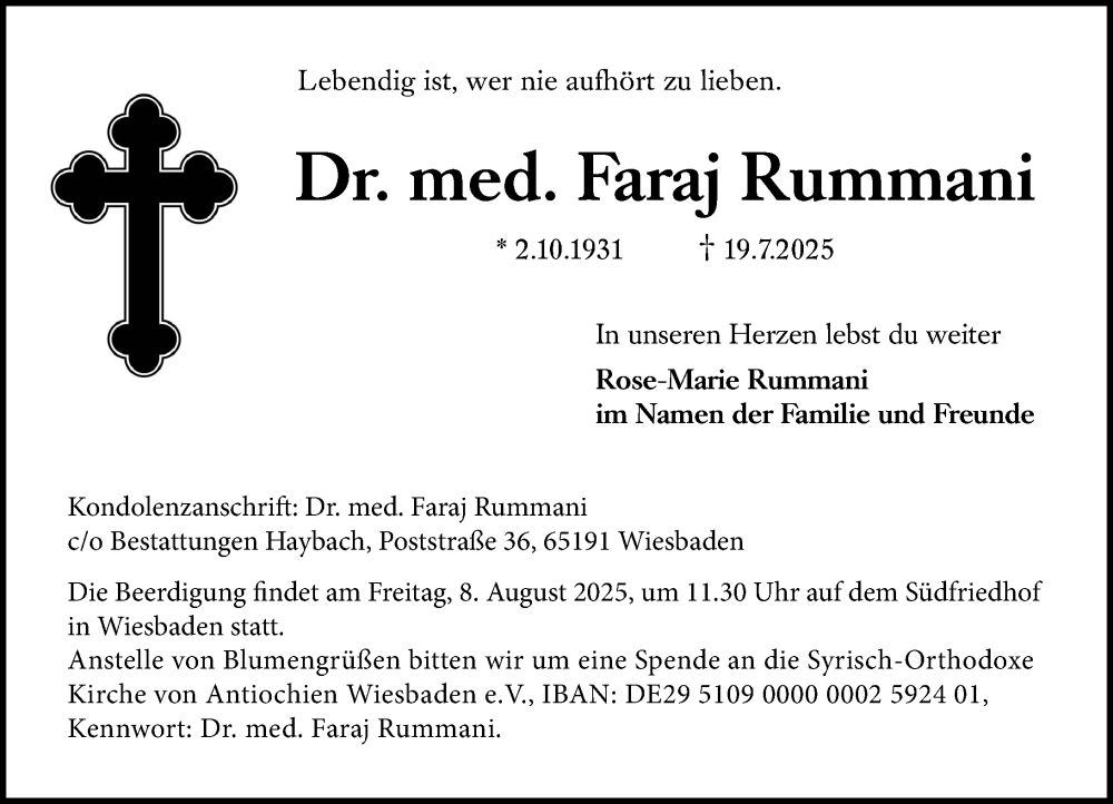  Traueranzeige für Faraj Rummani vom 02.08.2025 aus Wiesbadener Kurier