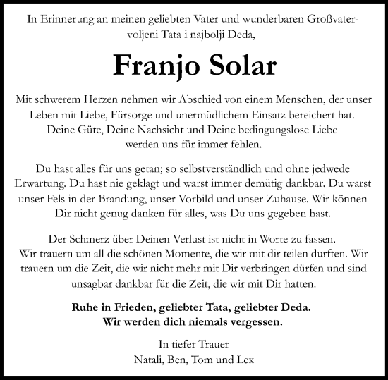 Traueranzeige von Franjo Solar von Wiesbadener Kurier