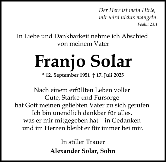 Traueranzeige von Franjo Solar von Wiesbadener Kurier