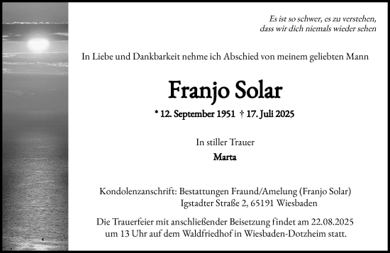 Traueranzeige von Franjo Solar von Wiesbadener Kurier