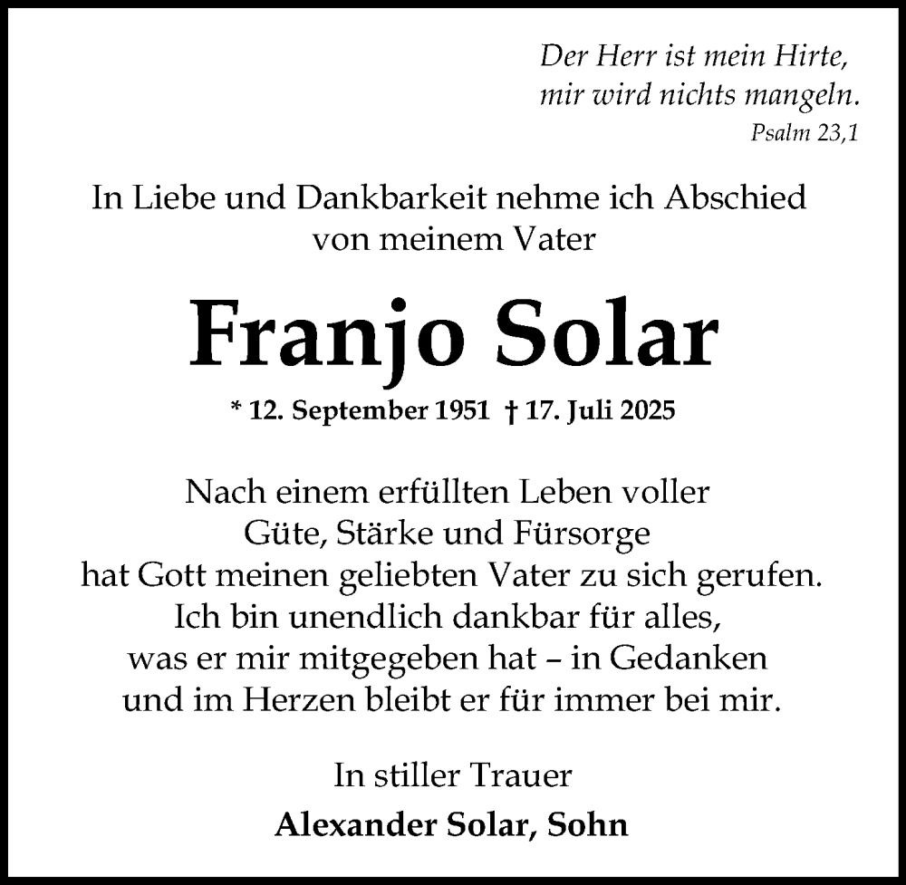  Traueranzeige für Franjo Solar vom 02.08.2025 aus Wiesbadener Kurier