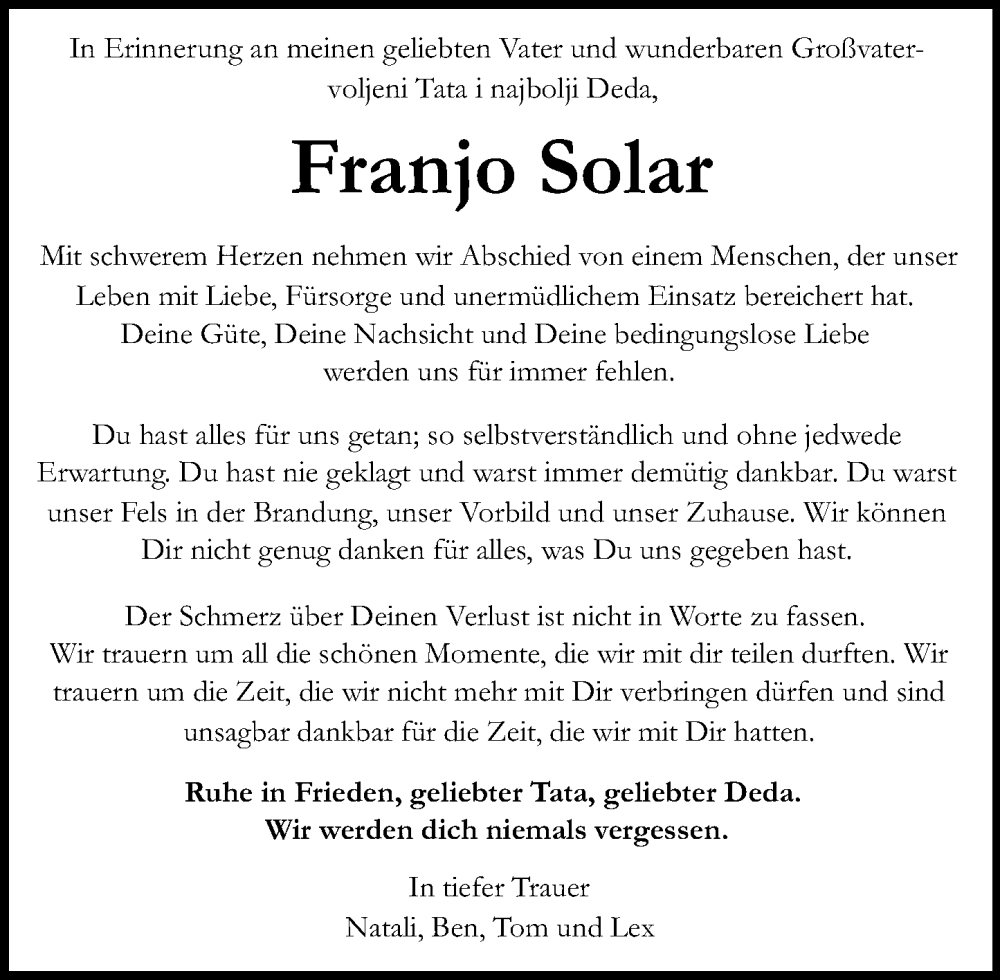  Traueranzeige für Franjo Solar vom 02.08.2025 aus Wiesbadener Kurier
