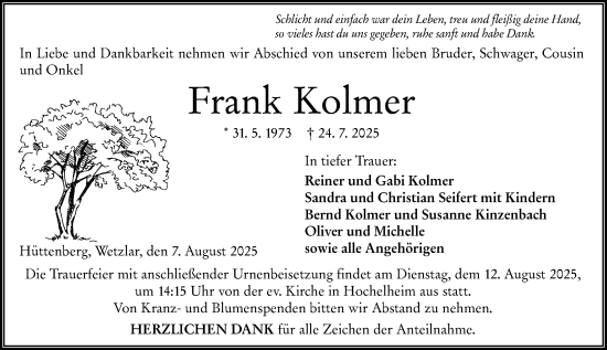 Traueranzeige von Frank Kolmer von Wetzlarer Neue Zeitung