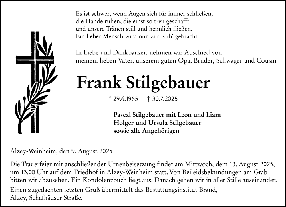  Traueranzeige für Frank Stilgebauer vom 09.08.2025 aus Allgemeine Zeitung Alzey