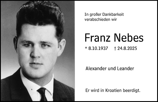 Traueranzeige von Franz Nebes von Hochheimer Zeitung
