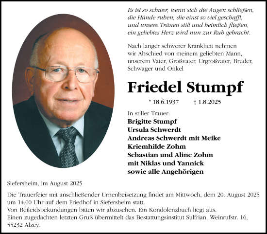 Traueranzeige von Friedel Stumpf von Allgemeine Zeitung Alzey