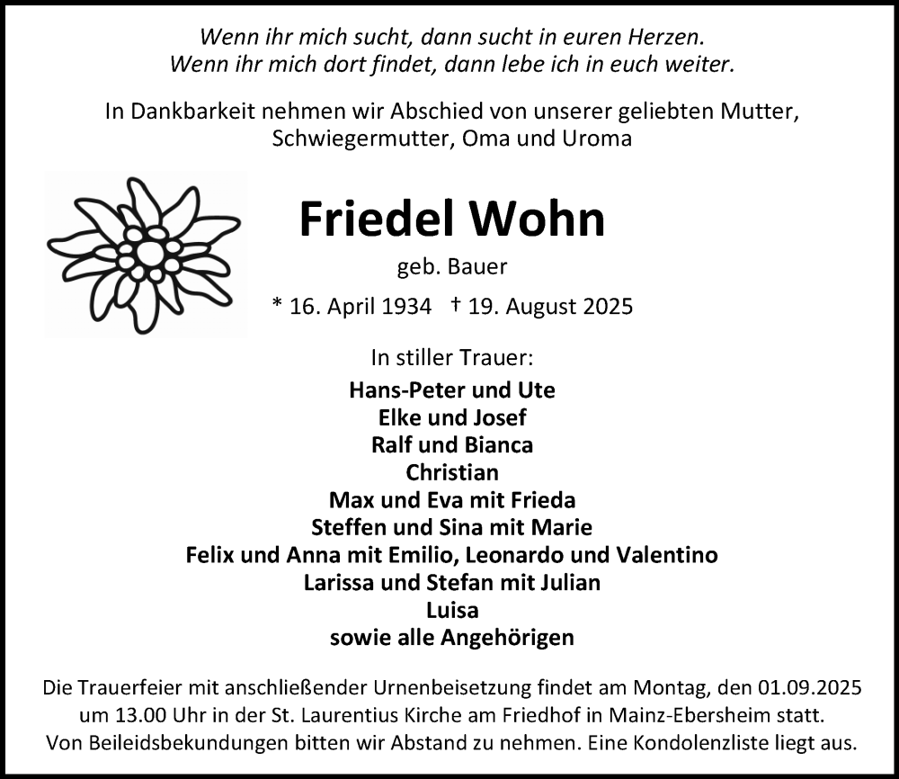  Traueranzeige für Friedel Wohn vom 23.08.2025 aus Allgemeine Zeitung Mainz