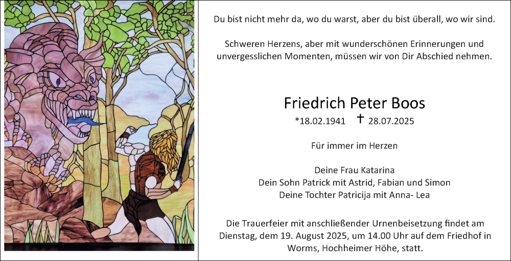  Traueranzeige für Friedrich Peter Boos vom 09.08.2025 aus Wormser Zeitung