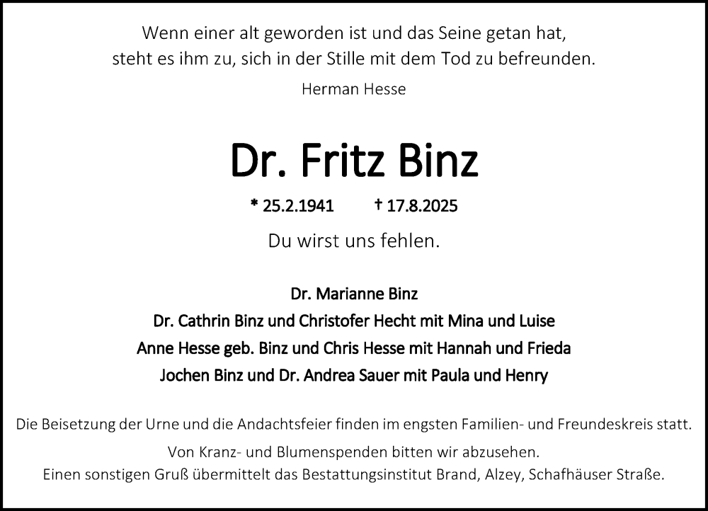  Traueranzeige für Fritz Binz vom 23.08.2025 aus Allgemeine Zeitung Alzey