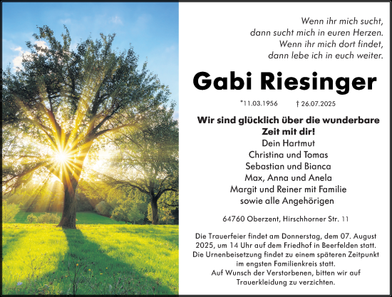 Traueranzeige von Gabi Riesinger von Odenwälder Echo
